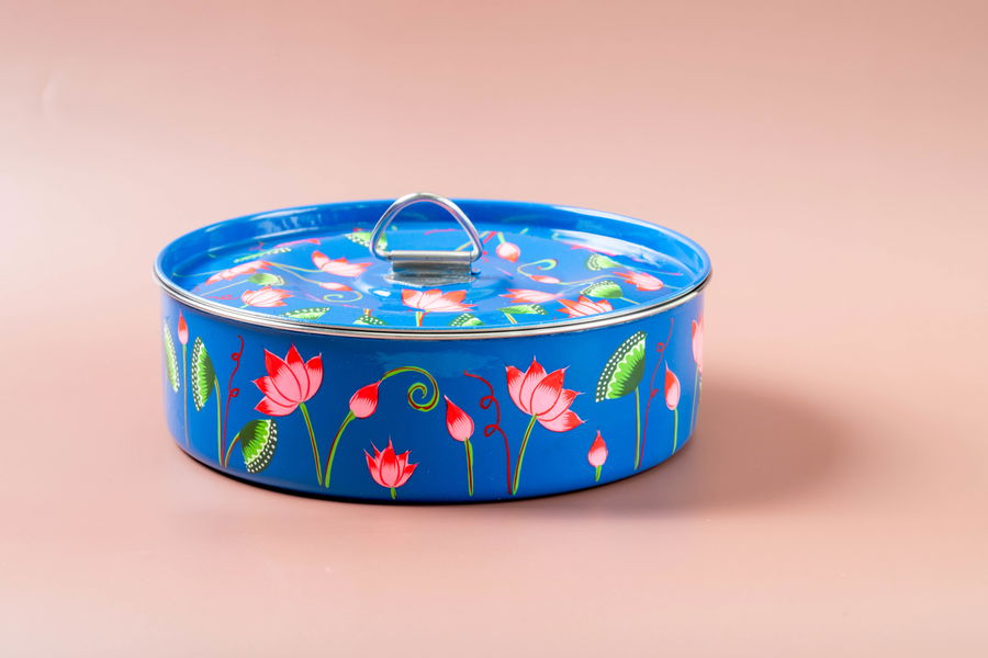 Blue enamel pichhwai-style masala dabba