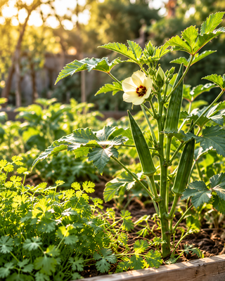 Okra growing in a sunny kitchen garden